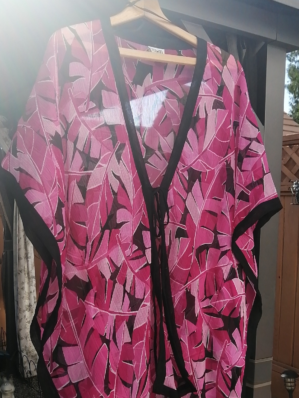 Women’s Pink Leaf Print Swim Coverup with Black Trim